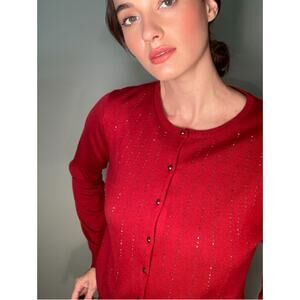 Calvin Klein Vintage Embellished Sequin Red Cardigan Wool Blend Sz L